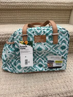 fit + fresh Teal Patterned Lunch Tote with Tan Handles